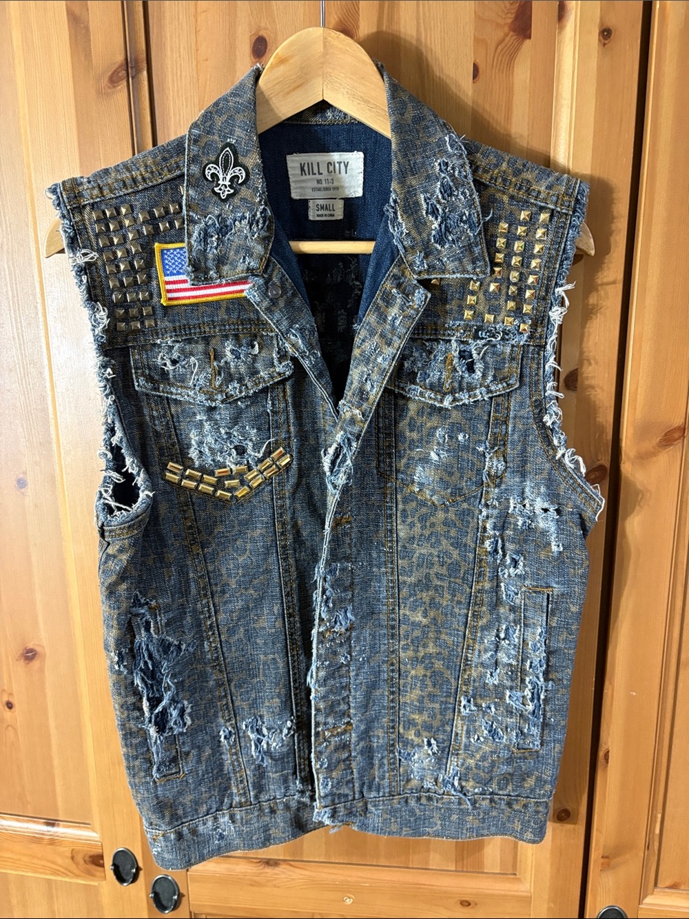 Kill City Men's Blue Distressed Studded Denim Vest